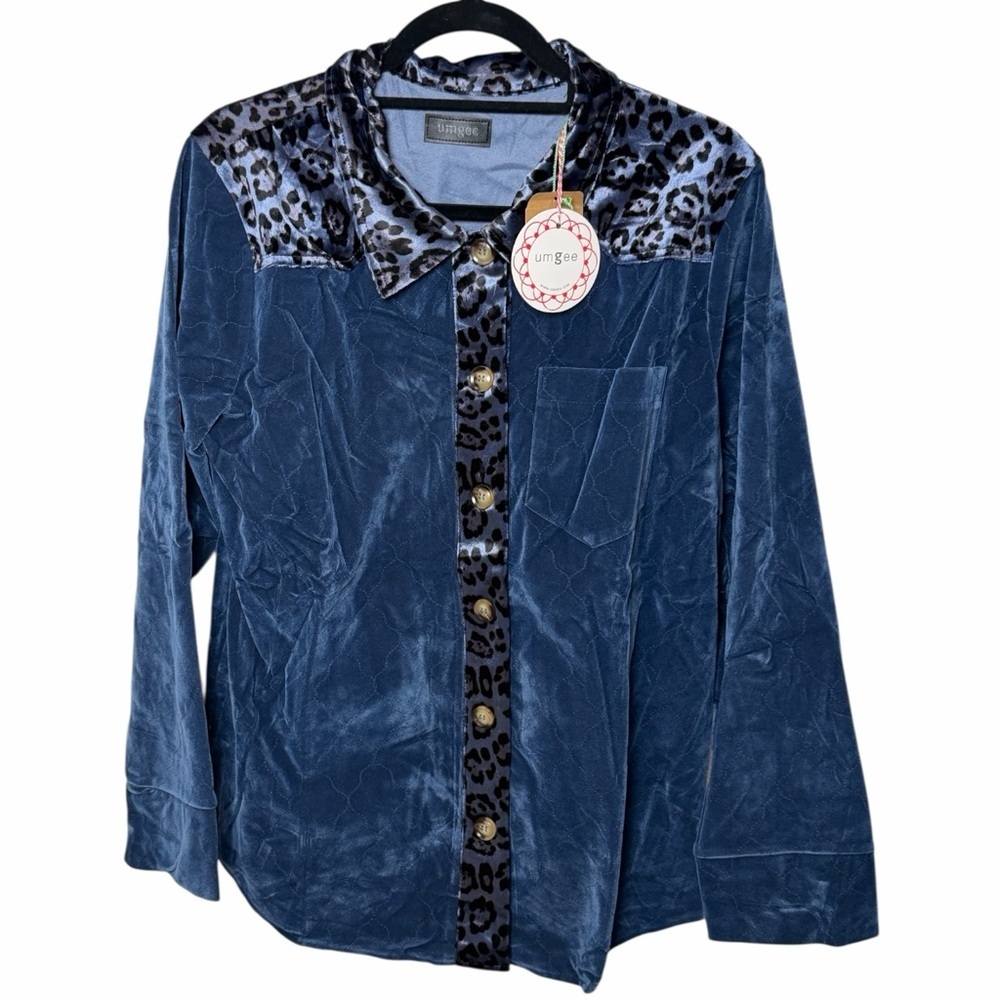 Umgee NWT Blue Leopard Quilted Velvet Shacket L Boho Mob Wife Whimsigoth Luxe - Picture 2 of 9
